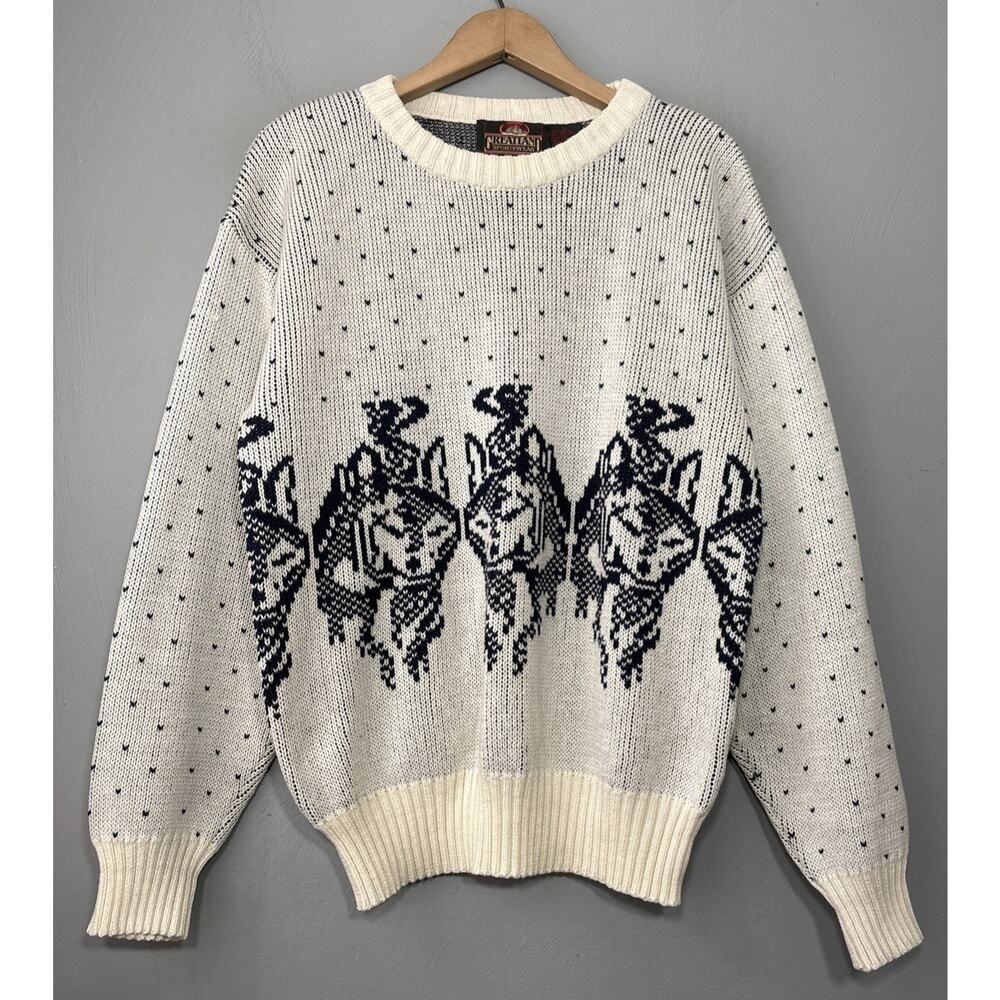 Vintage Wolf Sweater Size Large Navy Blue White Retro Birdseye Ski Grandpa Crew